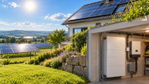 Haus mit Photovoltaikanlage, Heimspeicher und Wechselrichter in der Garage