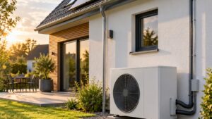 Haus mit Photovoltaikanlage auf dem Dach und Wärmepumpe an der Hauswand