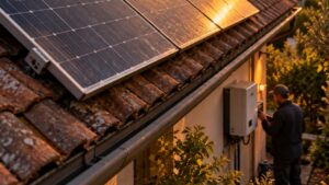 Ältere Photovoltaikanlage auf einem Ziegeldach im Abendlicht mit Techniker am Wechselrichter