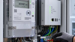 Techniker arbeitet an Smart Meter und Steuerbox im Zählerschrank